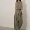 Chaleco corto sin mangas rosa suave estilo coreano con pantalones de pierna ancha de cintura alta con cordón, atuendo casual holgado adelgazante para commuting