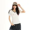 Patchwork Silhueta~Camiseta Retro Americana de Gola V com Ombro Normal de Manga Curta para Mulheres, Nova de Verão Slim-Fit Curta Estilo College Top