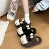 Sapatos de plataforma fofos com laço de gato, estilo moda, forrados com lã, confortáveis, estilo Mary Jane, meias pantufas