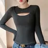 Top ligero y cálido de proteína de seda para mujer, nuevo estilo de otoño, camiseta de punto de manga larga con diseño irregular y detalles calados