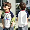 Camiseta Manga Curta Color Blocking Estilo Coreano para Meninos e Meninas, Casual de Verão Versátil Gola Redonda Estampa Cartoon Camiseta Básica para Crianças Maiores