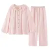 Novo Conjunto Feminino de Pijama Nuvem Algodão Estilo Doce para Primavera e Outono com Bojo, Manga Longa e Calça, Roupa de Casa com Acabamento em Renda