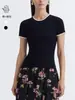 Playera de Punto Acanalado Slim de Cuello Redondo Estilo Similar a Eldos para Mujer, Nuevo Verano 2025, Encaje Pequeño con Bloques de Color, Tejido de Punto Ligero de Manga Corta