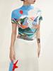 Playera de Cuello Alto Miyake para Mujer, Estampado de Diseño Nicho, Elegante Elegante, Playera de Manga Corta, Top Plisado Versátil Adelgazante