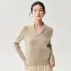Suéter de punto de cachemira con cuello Peter Pan y escote en V cruzado, estilo simple para mujer, corte ajustado, efecto adelgazante, top básico