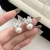 Brincos de Zircônia com Laço Personalidade Estilo Novo Coreano e Japonês, Brincos de Pérola com Visual Brilhante e Elegante, Brincos com Pino de Prata 925