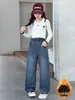 Calça Jeans Forrada com Fleece para Meninas 2026 Inverno Novo Peça Única Espessa de Fleece Calça de Perna Larga para Crianças Médias e Grandes Calça Longa Quente Solta