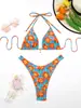 Bikini Nuevo Transfronterizo Europeo y Americano de Cuello Halter Tres Piezas con Diseño Estampado Bikini de Espalda Descubierta con Cordones Traje de Baño Transfronterizo