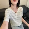 Camisa de Punto de Seda Helada de Manga Corta con Cuello Marino Estilo Coreano Nuevo Verano 2026 para Mujer, Corte Holgado, Adelgazante, Camiseta Versátil, Top Delgado