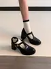 Versión de piel de oveja~Zapatos Mary Jane de tacón alto con tira en T retro punta redonda tacón grueso zapatos pequeños de cuero zapatos de vestir de temperamento para mujer