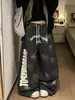 Pantalones Casuales Unisex Retro Americano Desgastado Estampado de Letras Silueta con Cordón Tendencia Holgados Pierna Ancha Scimitar Pantalones Largos