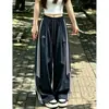 Calça de trabalho listrada bordada estilo americano azul marinho para mulheres, verão cintura alta solta casual proteção solar reta secagem rápida calça esportiva