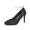 6313E Zapatos de Tacón Altos con Lentejuelas para Mujer con Tobillera de Perlas, Punta Redonda, Tacón Fino, Zapatos de Boda, Zapatos de Cristal para Fiesta de Novia
