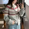 Cardigã de tricô Fair Isle, pesado, grosso, com gola redonda, feito de 100% lã, uma peça de outer wear estilosa e da moda para mulheres