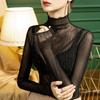 Camisa de malla de cuello alto para mujer, blusa ajustada a rayas de seda brillante con perspectiva sexy y manga larga interior, otoño 2021