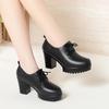 Dropshipping Sapatos Baixos de Salto Grosso com Boca Profunda para Mulheres na Primavera e Outono Novos Sapatos de Couro com Cadarço de Salto Alto Plataforma Impermeável Versáteis Sapatos de Trabalho