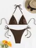 Bikini de color liso con cuentas estilo europeo y americano, con cuello halter y tiras de atar, con un diseño sexy fruncido, perfecto para la playa o la piscina