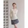 Novo Outono Estilo Francês Leve Maduro Gola de Lapela Renda Patchwork Modelagem Slim Fit Top de Tricô Feminino