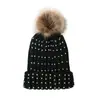 Gorro de punto de comercio exterior para niños, gorro de lana de otoño e invierno, bola de pelo sintético de mapache, diamante, moda coreana, protección para las orejas, sombrero cálido de moda