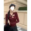 Camiseta elegante negra de manga larga con cuello redondo calado para mujer, invierno, ajustada a la cintura, ajustada, nicho, camiseta interior, top chic
