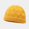 Gorro de tricô jacquard com padrão de losangos vintage para outono e inverno, chapéu de lã quente para atividades ao ar livre, gorro simples de cor sólida com barra dobrada