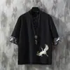 Camiseta de Lino Bordada de Manga Corta para Hombre Verano Delgada Holgada Moderna Marca Talla Extra Estilo Tang Chino Algodón y Lino Camiseta con Hebilla