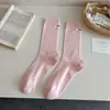 Calcetines de tela con etiqueta de macarrón de Corea del Sur para mujer, calcetines de tubo medio, calcetines finos de primavera y verano para mujer, estilo japonés Ins, calcetines de algodón, transpirables, calcetines apilables