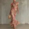 Vestido Retro de Gasa Estilo Francés, Verano, Cuello Alto, Mangas Abullonadas, Ceñido a la Cintura, Diseño de Cola de Pez Adelgazante, Elegante Vestido Largo para Vacaciones de Socialité