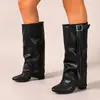 Botas Frescas e Estilosas com Franjas e Fivela de Metal, Botas Longas para Mulheres, Botas Versáteis de Salto Grosso que Aumentam a Altura, Botas Desestruturadas