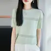 Camiseta de Punto de Seda Helada de Manga Corta para Mujer, Estilo Nuevo de Verano, Cuello Redondo, Huecos, Corte Holgado, Fresca y Elegante, Top Fino para Viajar