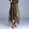 Saia midi vintage em camurça com retalhos vazados para mulheres, outono e inverno, saia irregular de cintura alta afunilada em A