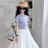 Vestido longo branco para meninas, vestido de verão 2025, novo, manga curta, comprimento médio e grande, saia plissada infantil, conjunto de saia para meninas