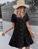 Vestido Feminino de Verão 2025 de Botão Único com Bolsos Largos e Barra Franzida Casual de Manga Curta