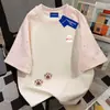 Camiseta de Verano Estilo Americano de Algodón 100% Puro con Dibujos Animados, Estrella Ins, Holgada, Manga Corta para Hombres y Mujeres, Pareja Estudiante, Patchwork, Top de Moda