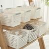 Cesto de armazenamento de plástico para mesa, caixa organizadora para lanches e arquivos, caixa de armazenamento diversa, cesto de armazenamento retangular com abertura estreita.