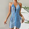 2025 Estação Independente de Desejos Transfronteiriços Novo Estilo de Verão Vestido de Linha de Tecido Sexy com Decote Halter e Costas Abertas para Mulheres Yx3888