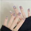 Manicura Degradada Ojo de Gato Morado Uñas Portátiles Francesa de Corazón Elegante Uñas Removibles Parches Cortos
