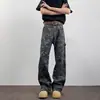 Jeans Vintage Camuflaje de Corte Curvo para Hombre, Marca de Moda Stylish High-Street, Ropa de Trabajo Lumberjack Ins, Pantalones Rectos Ligeramente Acampanados, Largo Hasta el Suelo