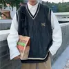 Colete de Tricô com Decote V Estilo Japonês para Homens, Estilo Ins Hong Kong, Solto e Único, Suéter Colete Oversized Sem Mangas para Casal