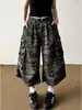 Calça Jeans de Trabalho Cropped Estilo Retrô Americano para Mulheres, Shorts Largos de Camuflagem de Cintura Alta para o Verão
