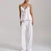 Estilo Europeo y Americano Ropa de Casa Nuevas Llegadas Primavera y Verano Sexy Cuello en V Profundo Tirantes con Volantes Pantalones Largos Conjunto de Pijama de Jacquard Tejido para Mujer