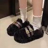 Zapatos de Algodón con Suela Gruesa y Forro de Felpa, Cubierta de Talón de Felpa, Zapatos de Algodón Calientes, Zapatos Peludos para Mujer, Invierno, Hebilla, Uso Bidireccional, Nueva Ropa de Abrigo