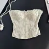 Top corset justo com patchwork de renda floral fresca estilo francês