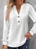 2025 Roupas Femininas de Outono e Inverno Transfronteiriças Europeias e Americanas Marca Independente Nova Camiseta Top de Manga Longa Cor Sólida Gola V com Botões