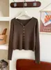 Cárdigan de punto de lana suave con cuello pequeño retro estilo coreano y japonés para mujer, chaqueta de capa de otoño ajustada, top básico versátil