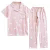 Atacado Dropshipping Gola Estampa de Morango Manga Curta Calça Longa Algodão Puro Crepe Pijama Feminino Confortável Pode Ser Usado Fora Pijama