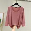 Camiseta de manga tres cuartos para mujer, corte holgado, talla grande, fina, color liso, versátil, top de cuello redondo, modal, principios de otoño