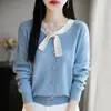 Cardigan de punto largo de manga larga con bloques de color chic de estilo francés suave para mujer 2026 nuevo estilo chaqueta suéter fina con lazo de color contrastante