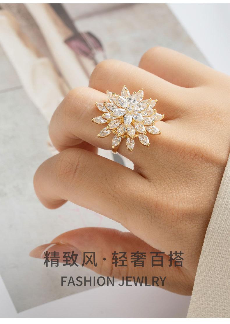 时尚轻奢可旋转雪莲花开口戒指小众高级感超闪食指戒