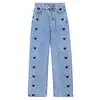 Calça jeans feminina perna reta solta modeladora versátil casual plus size calça para gordinhas coração calça de cintura alta perna larga comprimento total